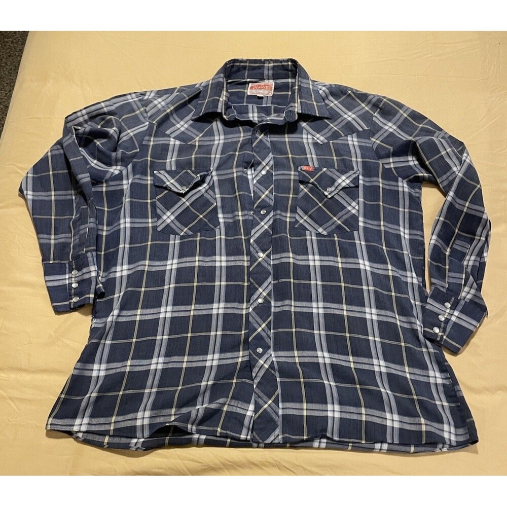 Fly Plains Vintage Blue Plaid Pearl Snap Western Cowboy Shirt Size 16 1/2-33